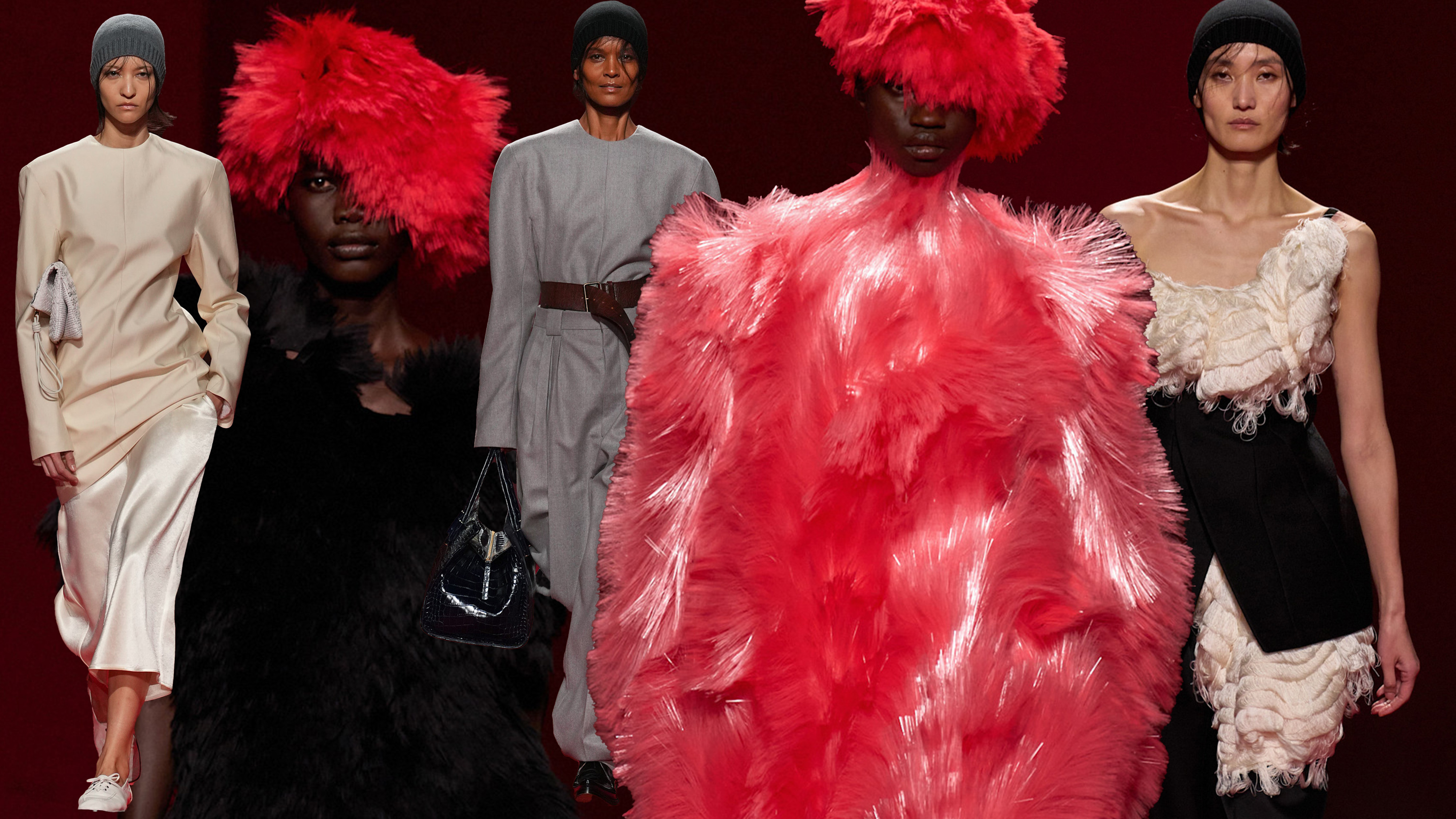 A collage showing multiple Bottega Veneta models wearing a range of hat styles from the F/W 26 show during Milan Fashion Week.