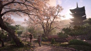 Assassin's Creed Shadows screenshot showing a vista in Spring