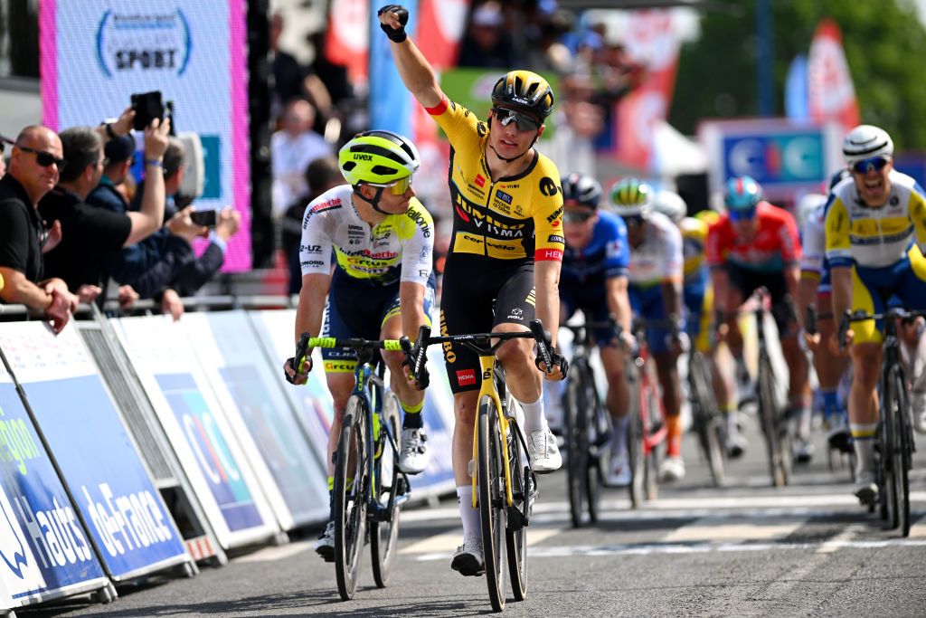 ACHICOURT FRANCE MAY 19 Olav Kooij of The Netherlands and Team JumboVisma celebrates at finish line as stage winner during the 67th 4 Jours de Dunkerque Grand Prix des Hauts de France 2023 Stage 4 a 1738km stage from Maubeuge to Achicourt on May 19 2023 in Achicourt France Photo by Luc ClaessenGetty Images