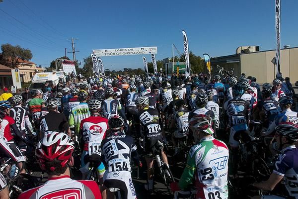 The 150 rider field await the start to stage one of the Tour of Gippsland in Wonthaggi.
