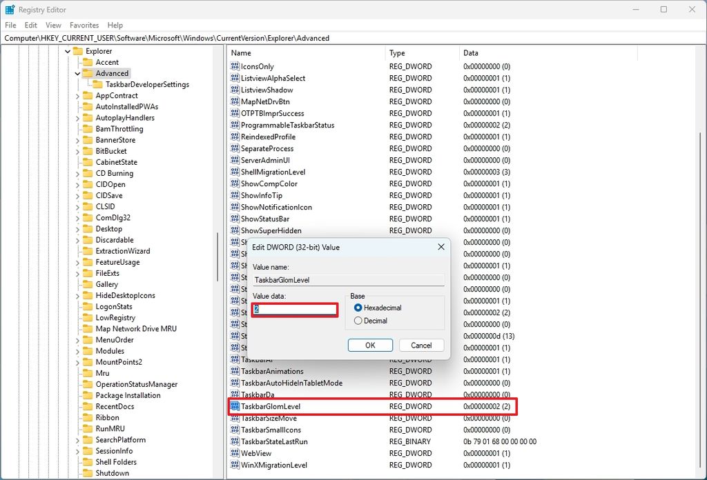 Configure TaskbarGlomLevel to show Taskbar labels