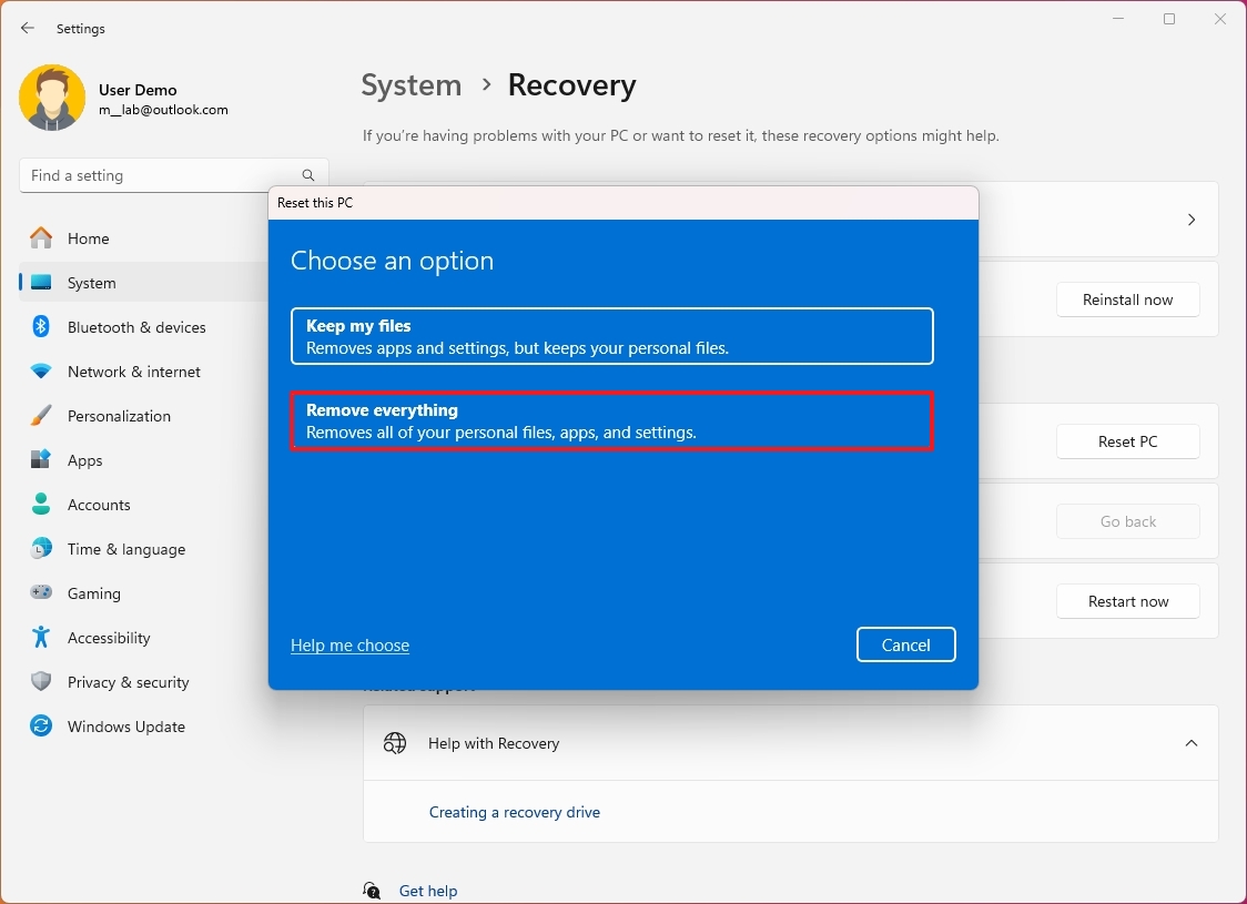 Windows 11 Remove everything option