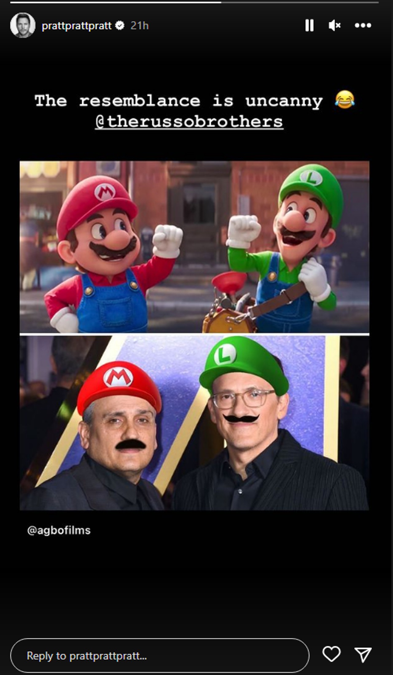 Chirs Pratt hat ein Foto von Mario und Luigi und den Russo-Brüdern mit den Hüten auf den Köpfen erneut gepostet, um die Ähnlichkeit zwischen den beiden zu zeigen