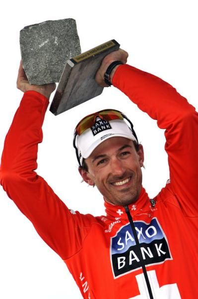 Fabian Cancellara (Saxo Bank) with his cobblestone trophy