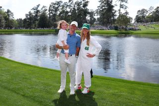 Rory McIlroy and his wife and child during the Masters Par 3 contest in 2023