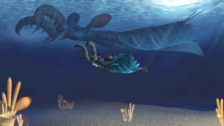 An artist's rendering shows a baby (foreground) and adult Lyrarapax unguispinus hunting the Cambrian seas like the creepy predators they were.