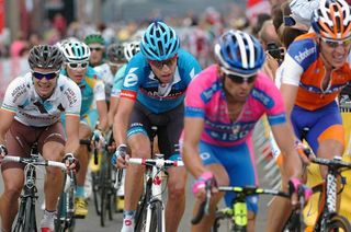 Giro champion Ryder Hesjedal (Garmin-Sharp) climbs to the finish in the front group.