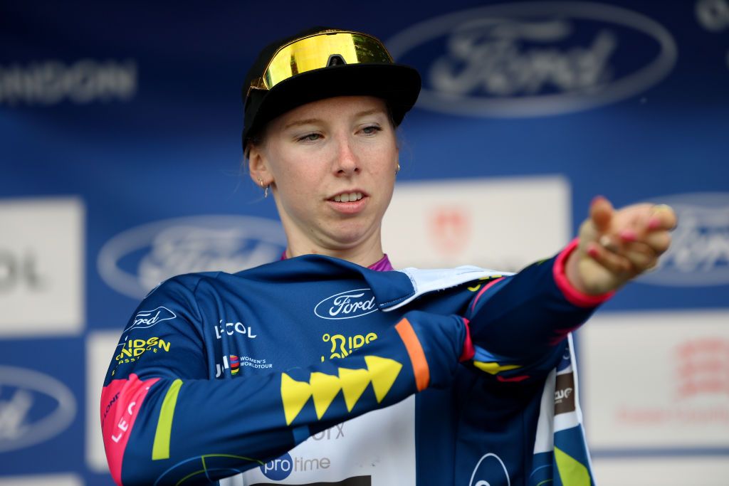 COLCHESTER ENGLAND MAY 24 Lorena Wiebes of The Netherlands and Team SD WorxProtime celebrates at podium as Blue Leader Jersey winner during the 10th Ford RideLondon Classique 2024 Stage 1 a 1592km stage from Saffron Walden to Colchester UCIWWT on May 24 2024 in Colchester England Photo by Alex BroadwayGetty Images