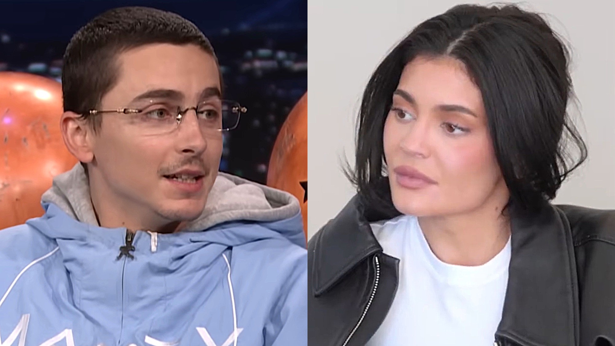Timothee Chalamet is shown on The Tonight Show Starring Jimmy Fallon, and Kylie Jenner is shown on The Kardashians.