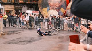 Primoz Roglic (Red Bull-Bora-Hansgrohe) crashes during a recon of the stage 10 time trial at the 2025 Giro d'Italia (James Moultrie/Future)