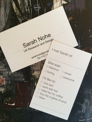 The ‘user survey’ on Nohe’s business card is beautifully tongue-in-cheek