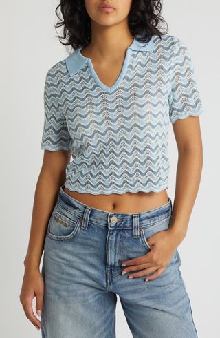 Sadie Wavy Stripe Pointelle Short Sleeve Crop Sweater