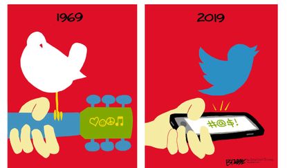 Editorial Cartoon Woodstock 1969 Peace Love Twitter 2019 Hatred
