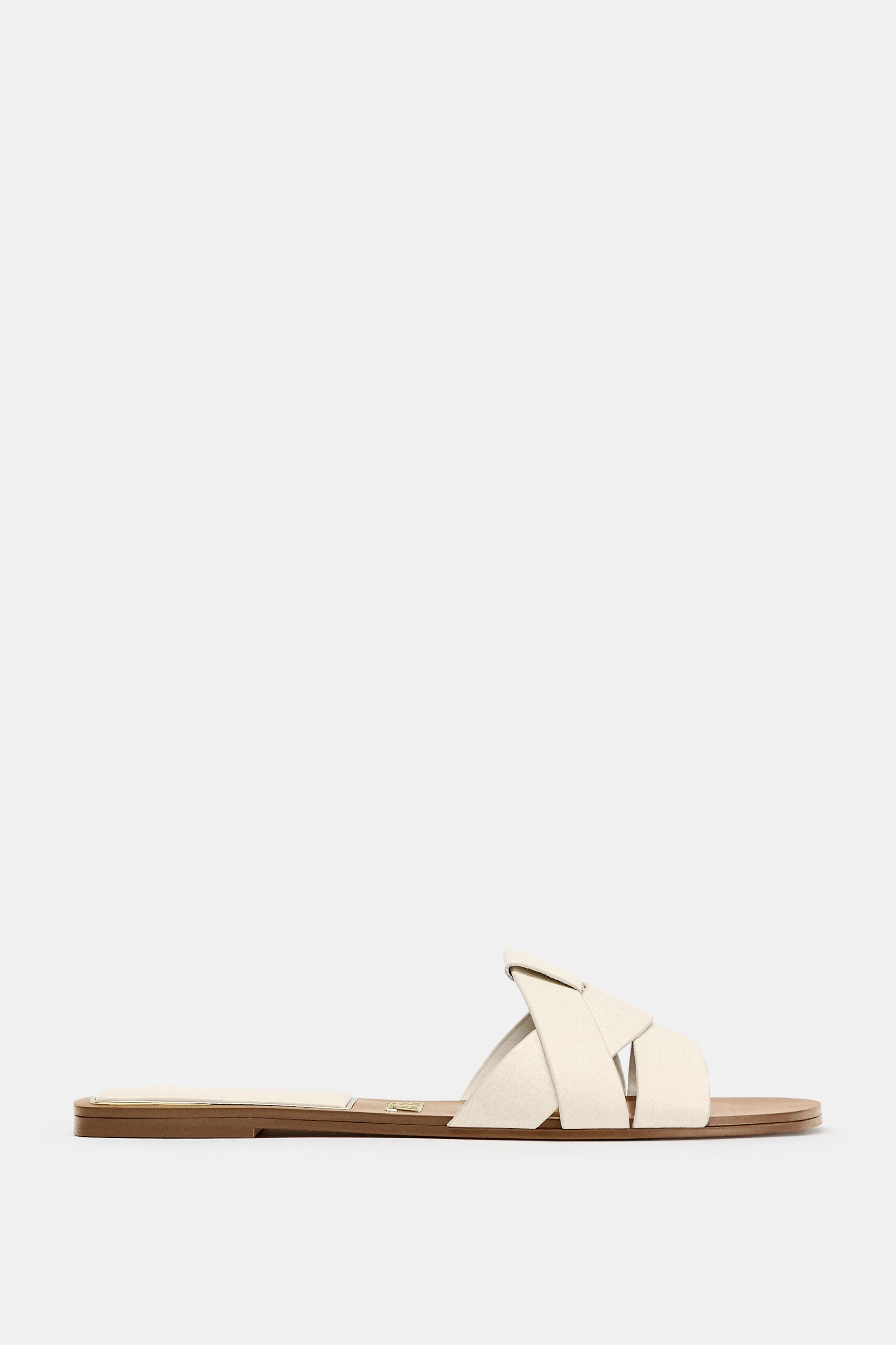 Crossover Flat Leather Sandals - White - 2
