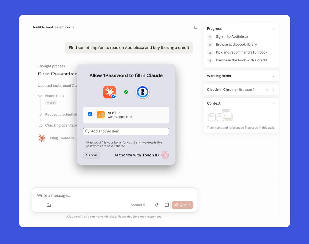 Promotional image showing Claude integration with 1Password filling out a password form for a user on Audible.