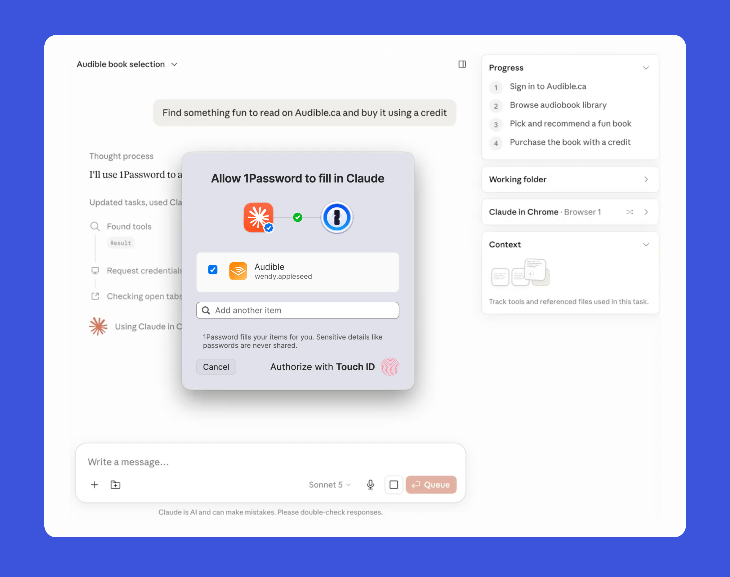 Promotional image showing Claude integration with 1Password filling out a password form for a user on Audible.