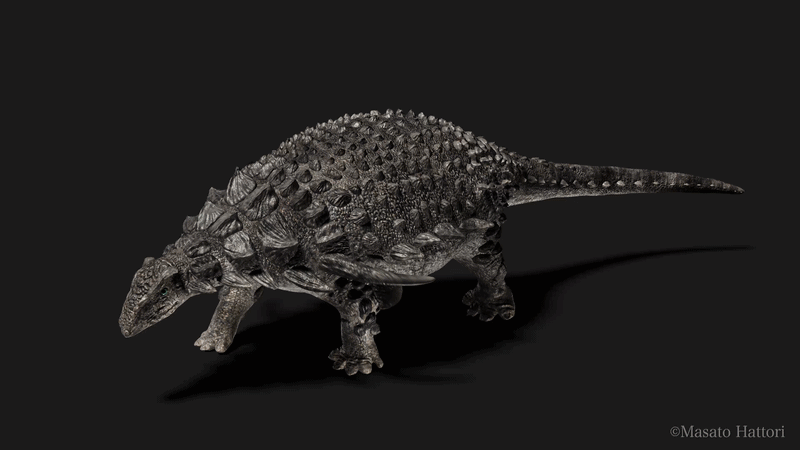 An armored dinosaur rendering walks over a black surface