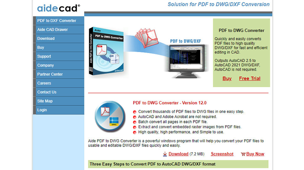 Website screenshot for AideCAD PDF to DWG Converter