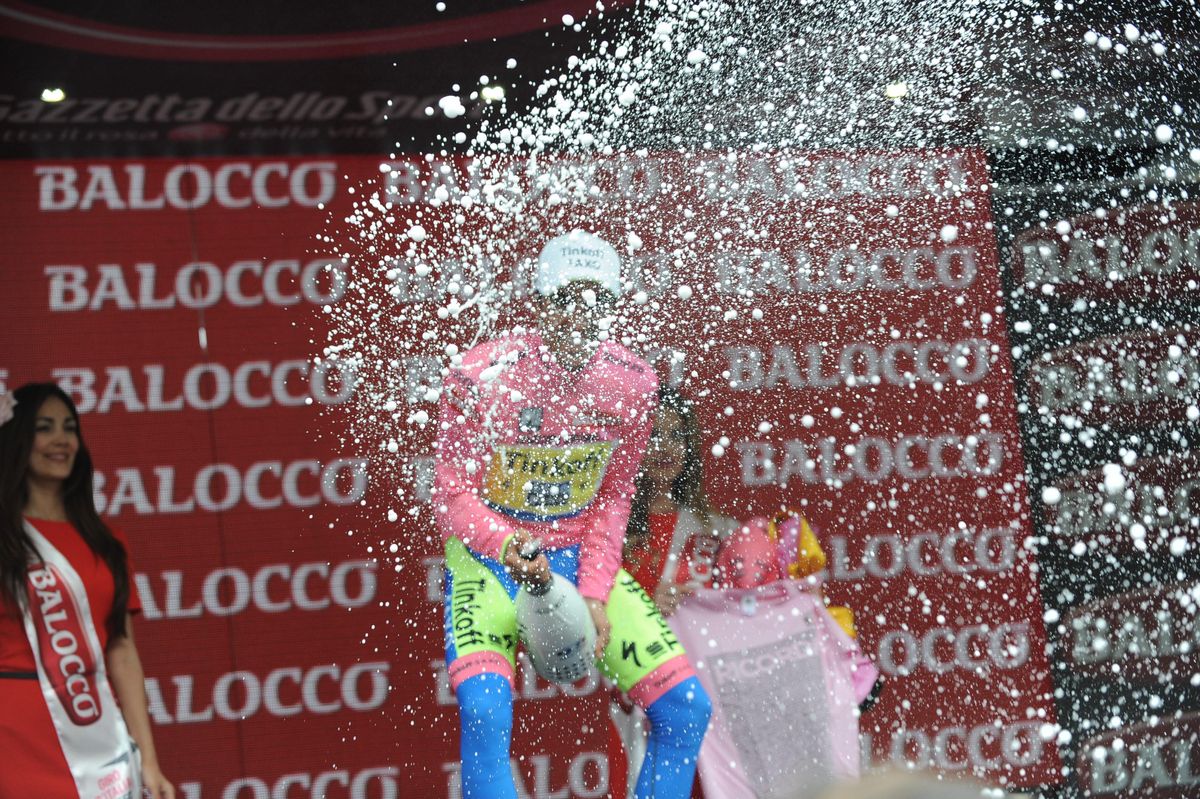 Alberto Contador sprays the champagne