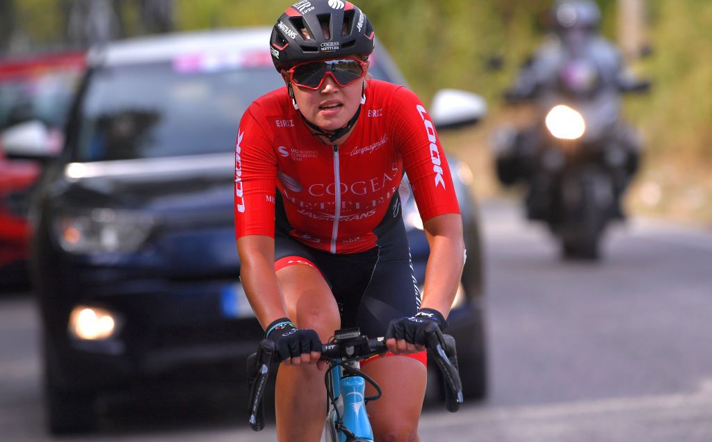 MADDALONI ITALY SEPTEMBER 17 Mariia Novolodskaia of Russia and Cogeas Mettler Look Pro Cycling Team during the 31st Giro dItalia Internazionale Femminile 2020 Stage 7 a 1125km stage from Nola to Maddaloni GiroRosaIccrea GiroRosa on September 17 2020 in Maddaloni Italy Photo by Luc ClaessenGetty Images