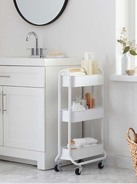 Squared Away 3 Tier Narrow Bath Storage Cart in White for $24, at Bed Bath &amp; Beyond