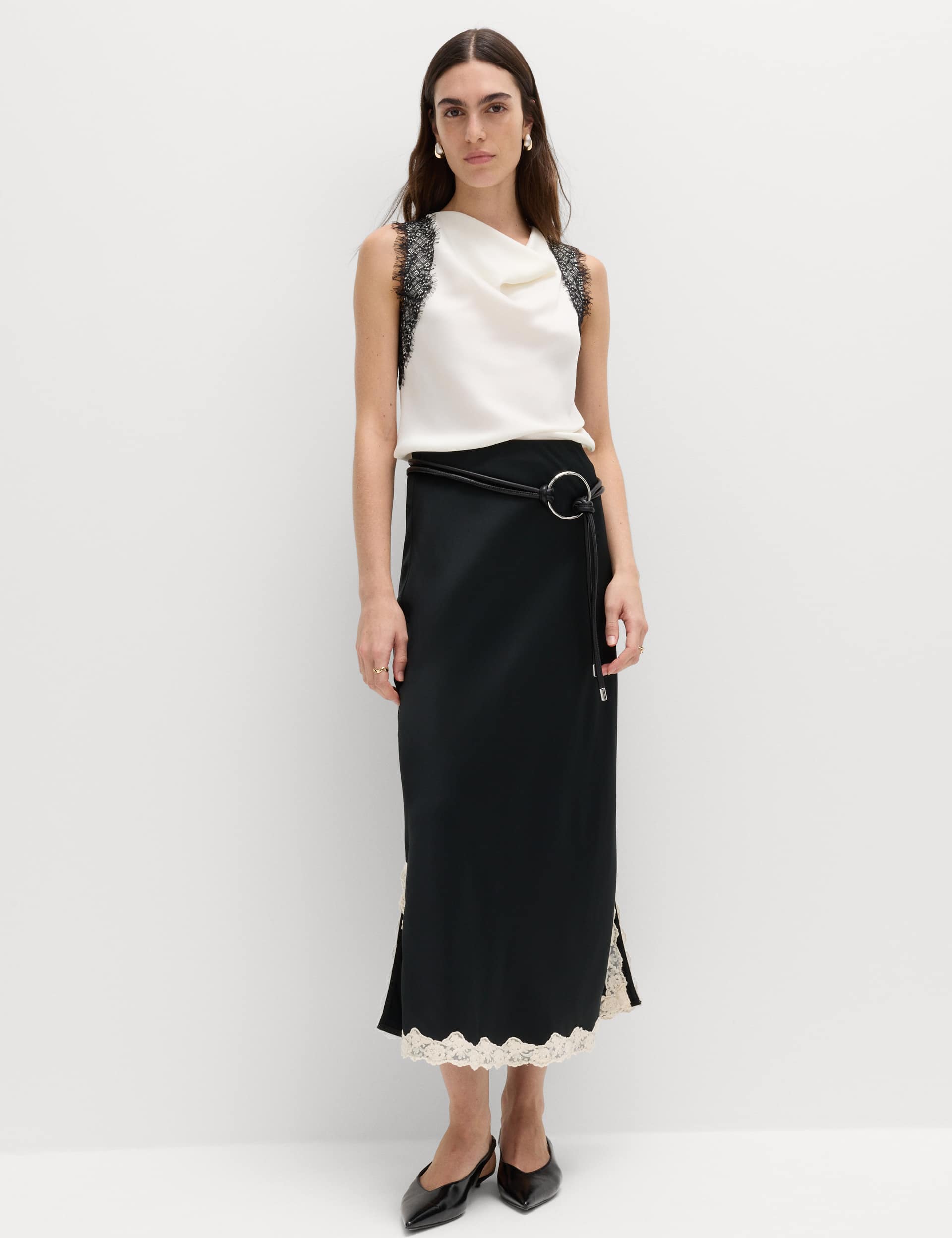 Satin Lace Trim Midi Slip Skirt