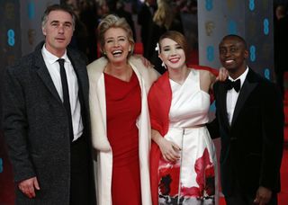 Emma Thompson (2nd L) with daughter Gaia Wise (2nd R), son Tindyebwa Agaba (R) and husband Greg Wise