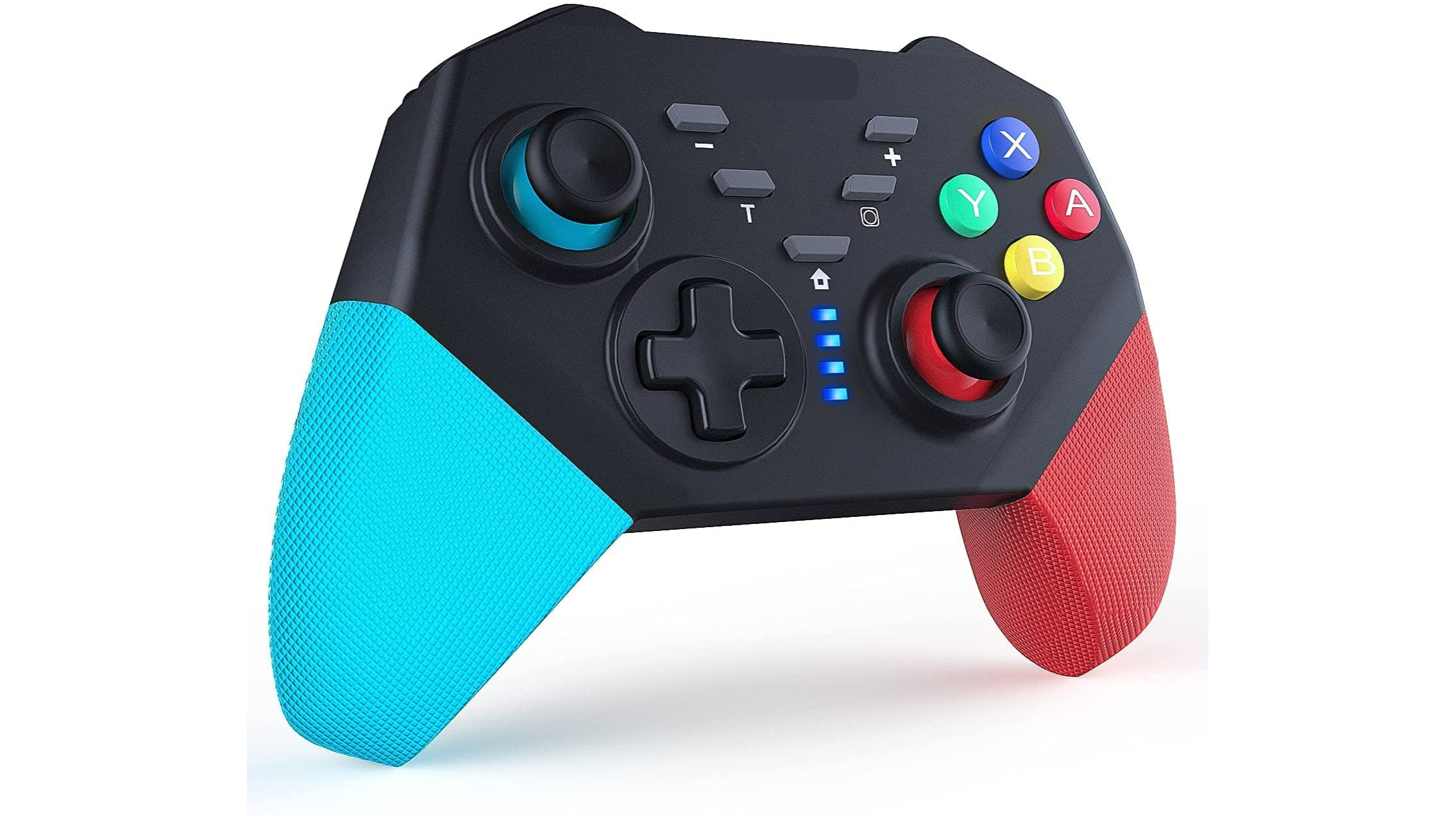 A multi-colored controller on white background