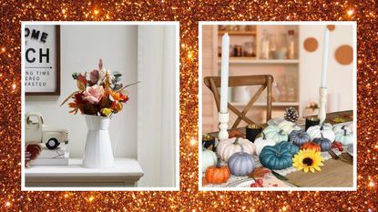walmart thanksgiving decor including fall florals on a mantle and multicolored pumpkins on a dining room table on an orange glittery background