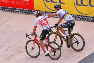 Peter Sagan and Silvan Dillier after crossing the finish line at Paris-Roubaix