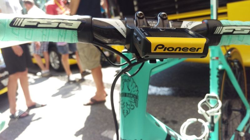 A yellow Pioneer power meter head unit to match the yellow of the team kit