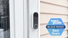 An Arlo Video Doorbell 2K mounted to a door frame with a Tom's Guide Black Friday deals badge