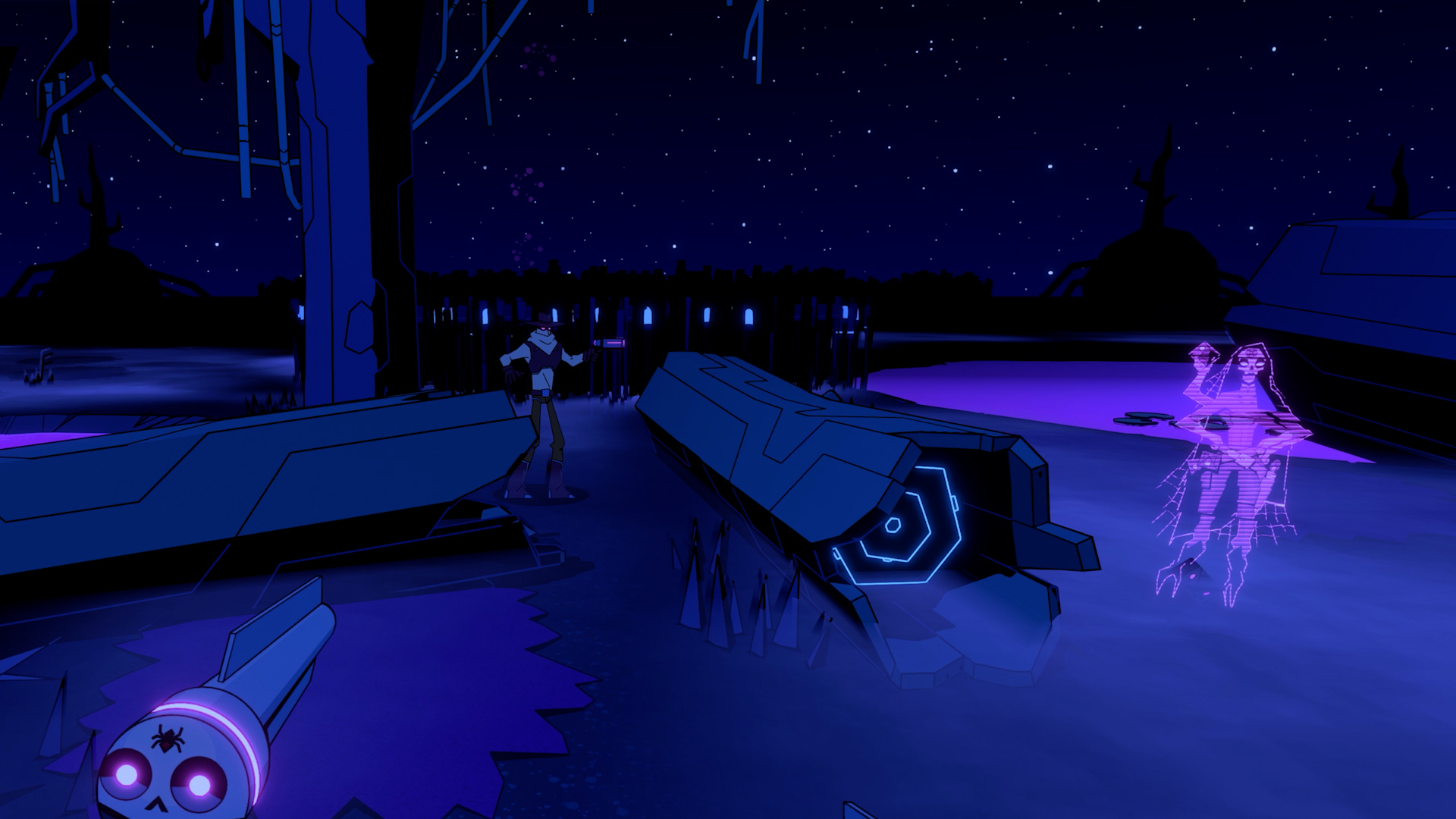 Player demonstrating Spider Rosa special ability in Wild Bastards, a holographic decoy to distract enemies, in a purplish, night environment.