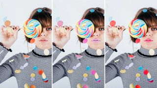 Different colour versions of a woman holding a lollipop in front of her right eye