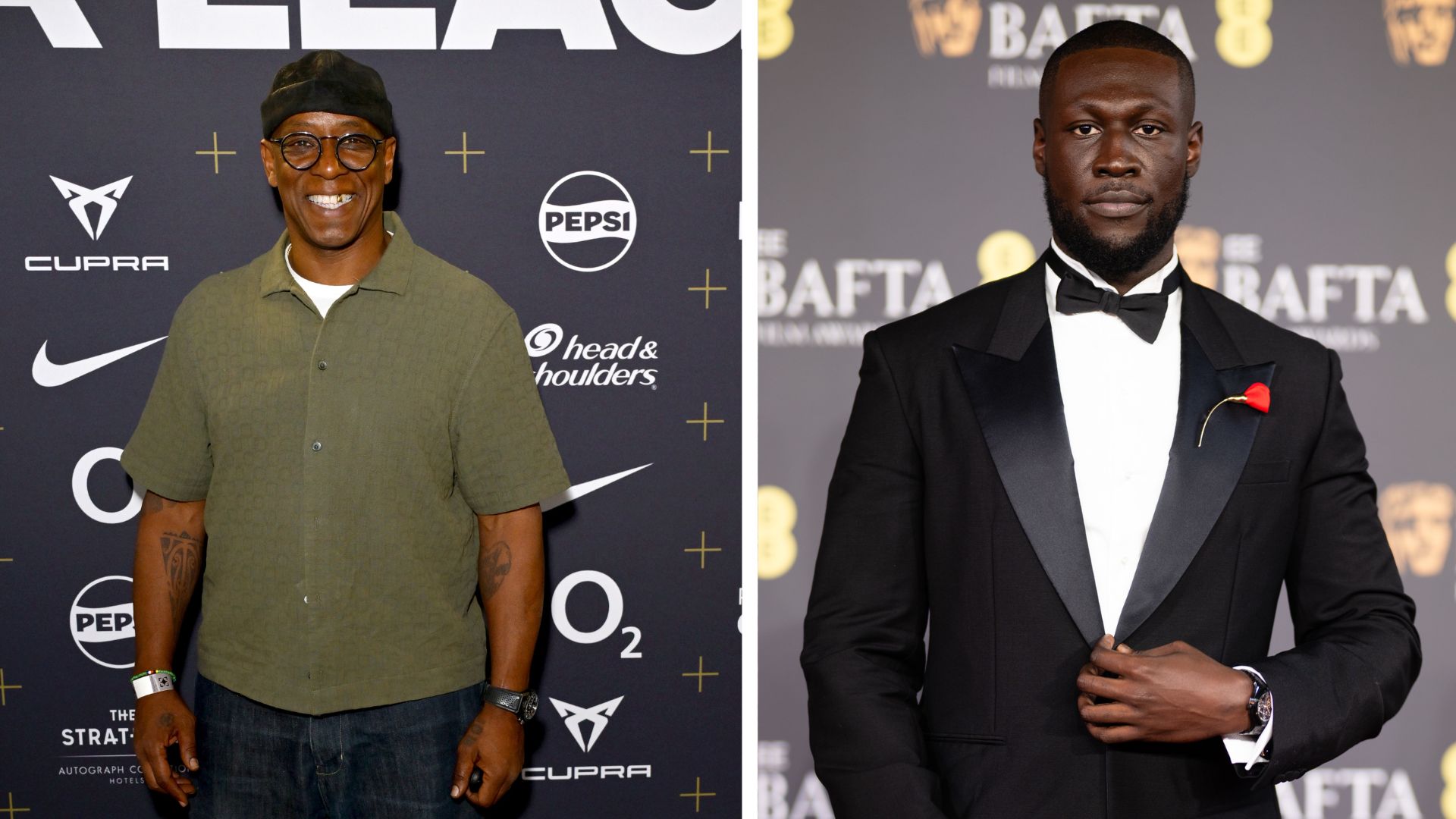 two images spliced together, the left showing Ian Wright at a red carpet, and right showing Stormzy also on the red carpet but for the BAFTAs