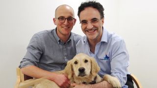 A relieved pet owner and vet Noel Fitzpatrick, right, in The Supervet