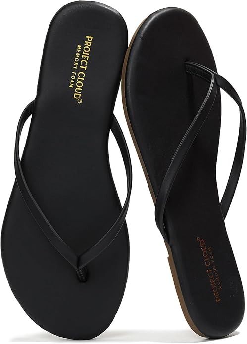 Project Cloud, Project Cloud Flip Flops for Women - Memory Foam Flats Summer Sandals for Women 2025 - Vegan Leather Lightweight Womens Sandals Summer Beach Essentials Slides (foundations, Black, 7.5)