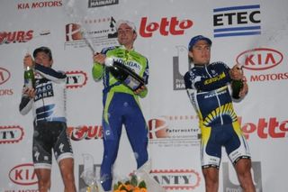 Podium: Jakob Fuglsang (Team Saxo Bank), Elia Viviani (Liquigas-Doimo) and Rob Ruijgh (Vacansoleil Pro Cycling Team)