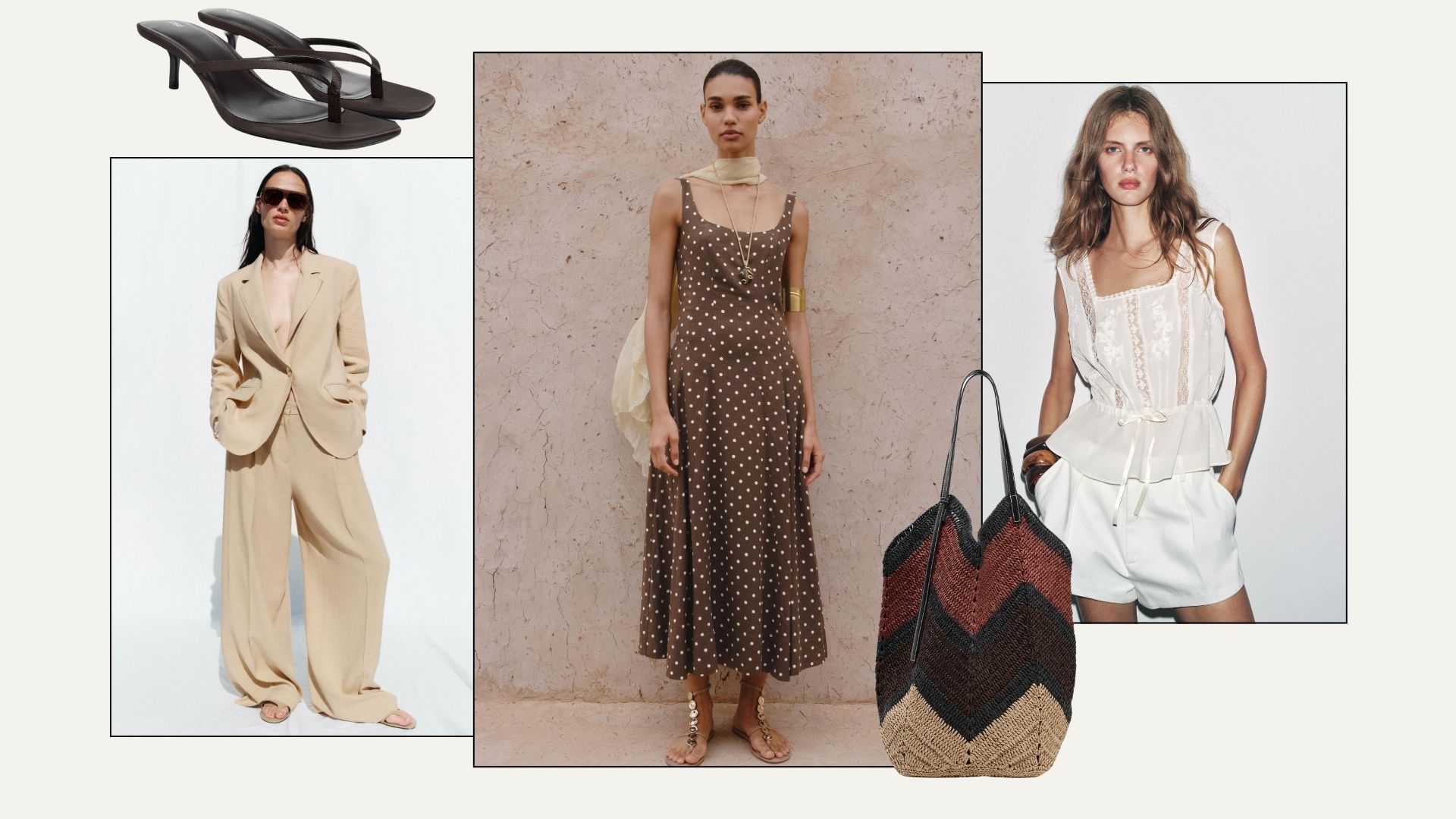 kitten heel sandals; woman wearing beige suit; woman wearing brown polka dot dress; crochet bag; woman wears lace blouse and white shorts
