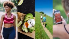 Collage of images to represent tips for runners, including eggs and avocado, woman wearing a sports bra, hill training