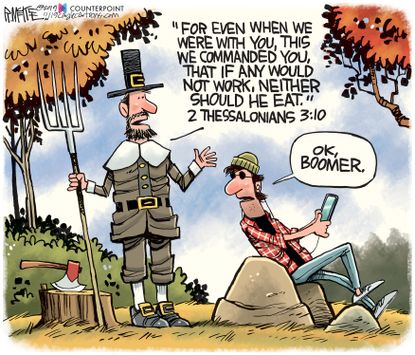 Editorial Cartoon U.S. Thanksgiving Pilgrim Ok Boomer