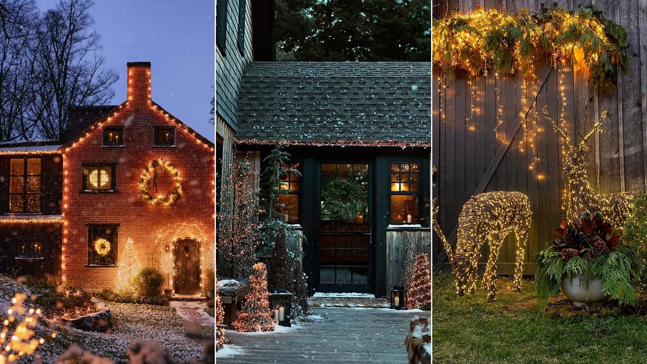 Three homes decorated with outdoor Christmas lights for the holidays