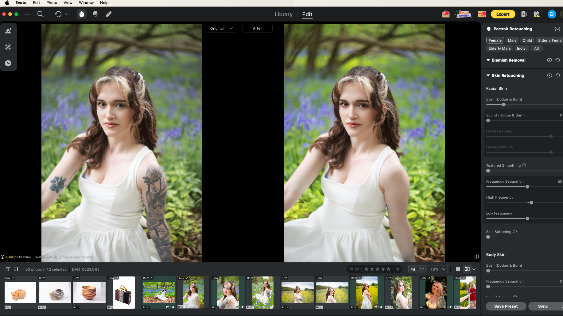 A before and after screenshot from Evoto Desktop AI showing a model in a bluebell field where the after image has smoothed her skin, cleaned up wrinkles in her clothing, removed tattoos and also removed flyaway hairs