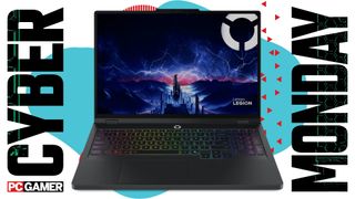 A Lenovo Legion gaming laptop on a Cyber Monday blue and red background