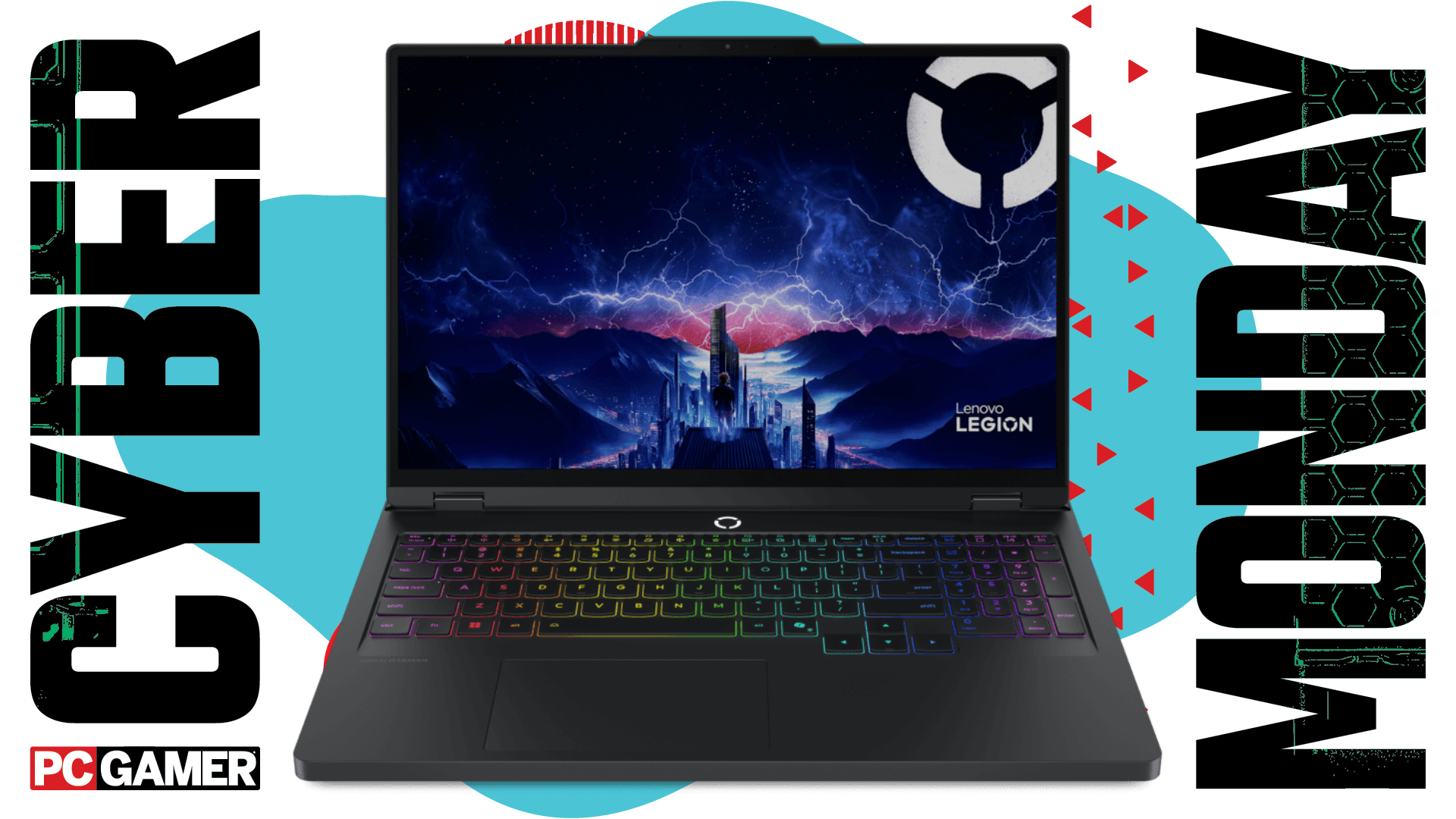 A Lenovo Legion gaming laptop on a Cyber Monday blue and red background