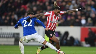 van Toney of Brentford is fouled by Ben Godfrey of Everton during the Premier League match between Brentford and Everton