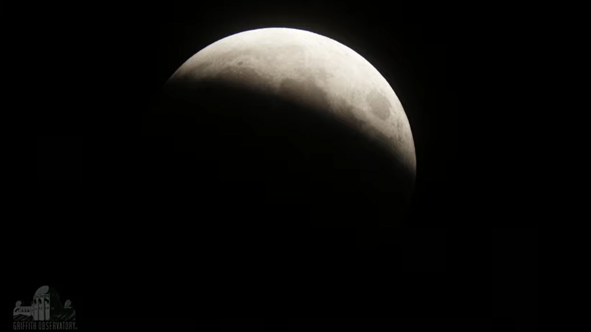 A view of the lunar eclipse of May 26, 2021, approaching totality as seen from Griffith Observatory near Los Angeles.