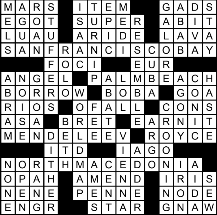A solved crossword puzzle.