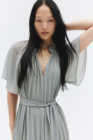 Pleated Tie-Belt Dress