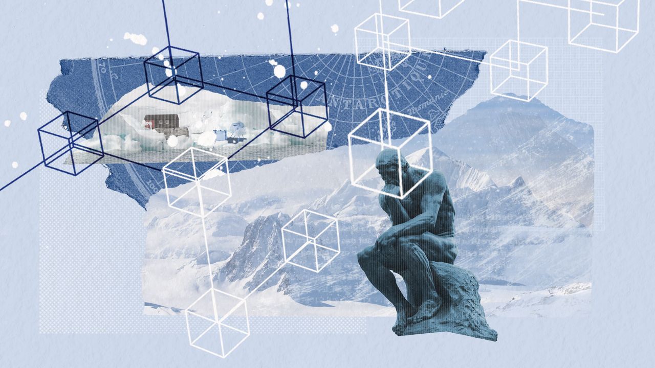 Illustration of Rodin&#039;s Thinker in an Antarctic setting